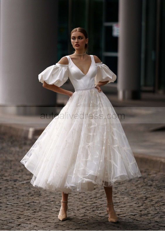 Open Shoulder Satin Tulle Short Wedding Dress